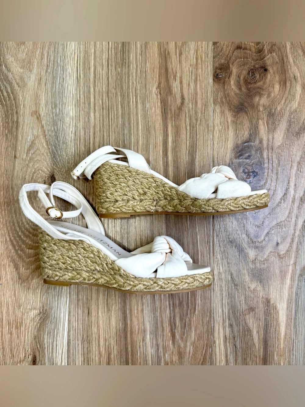 Stuart Weitzman Knotted Leather Espadrille Wedge Sandals White Size 7B